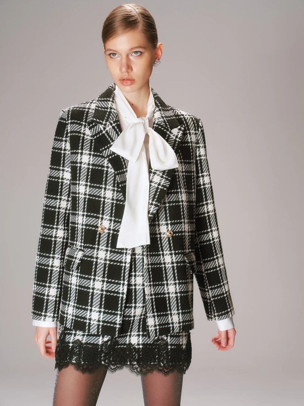 Commense Double-Breasted Metal Button Plaid Tweed Blazer Skirt Set Black M NWT